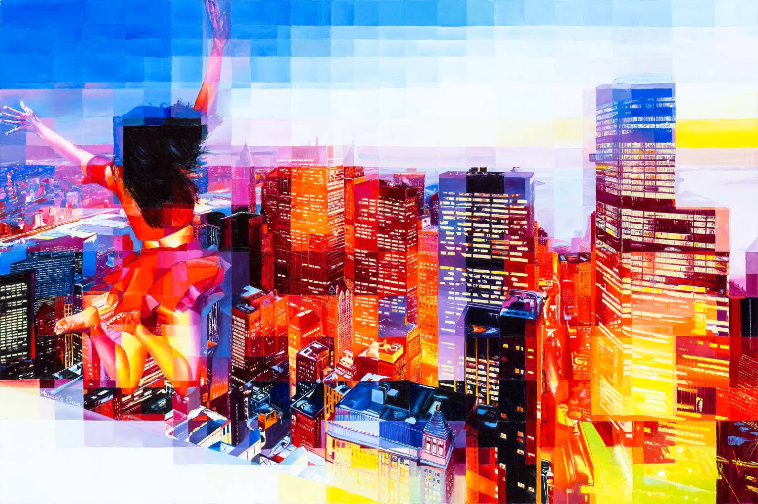 Jump into Life — serie Metropolitan Figura femminile in rosso a braccia aperte sopra lo skyline di New York, pixel pittorico, olio su tela, Assunta Cassa, serie Metropolitan.