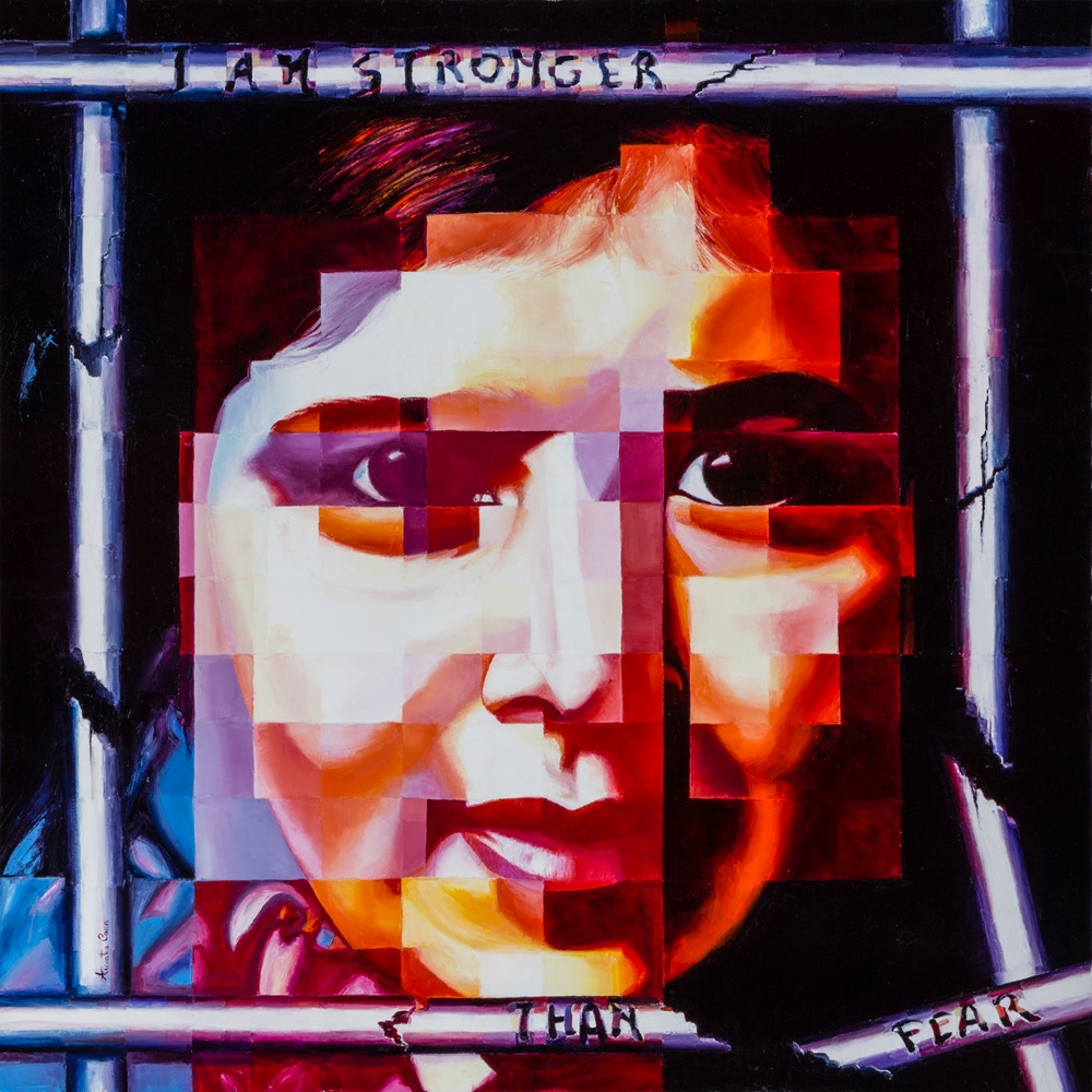 Fragmented portrait of Malala Yousafzai behind bars, with the words I AM STRONGER THAN FEAR carved into the painting, oil on canvas, Assunta Cassa, Freedom series.