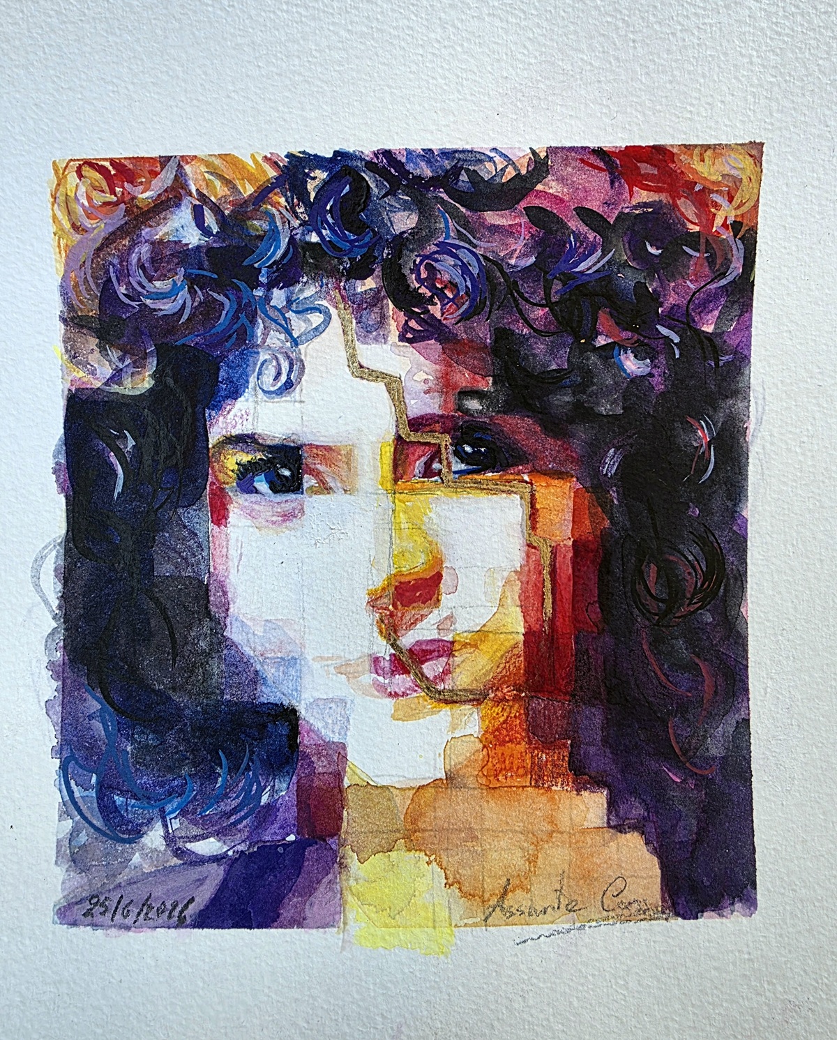 Fragmented female face in watercolour and gold leaf on paper, with dark curly hair on a violet and orange background — Assunta Cassa, What Remains, 2026