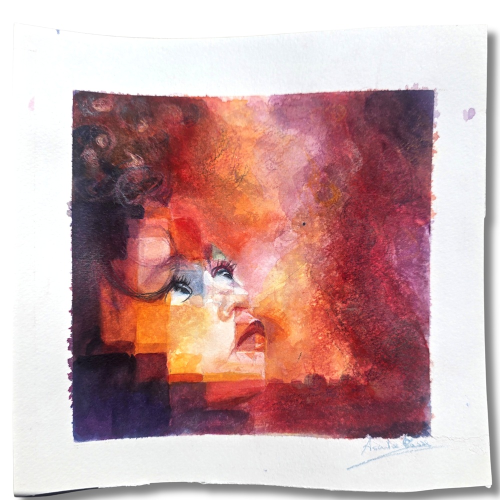 What Have You Done? by Assunta Cassa, portrait of a young girl looking upwards, surrounded by geometric fragments dissolving into reds, oranges and purples that evoke fire and smoke.