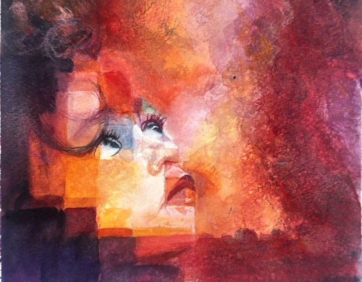 Dettaglio di What Have You Done? di Assunta Cassa: il volto di una bambina guarda verso l’alto tra frammenti rossi, aranci, gialli e viola che si dissolvono nel colore evocando fuoco e fumo.