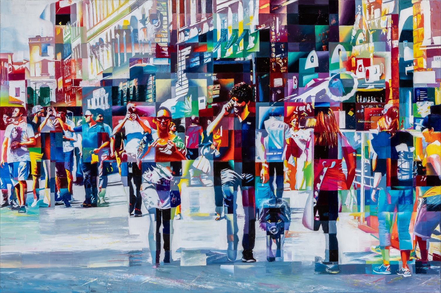 Unseen by Assunta Cassa, contemporary urban painting depicting a crowd of pedestrians and a black she-wolf with yellow eyes looking toward the viewer.