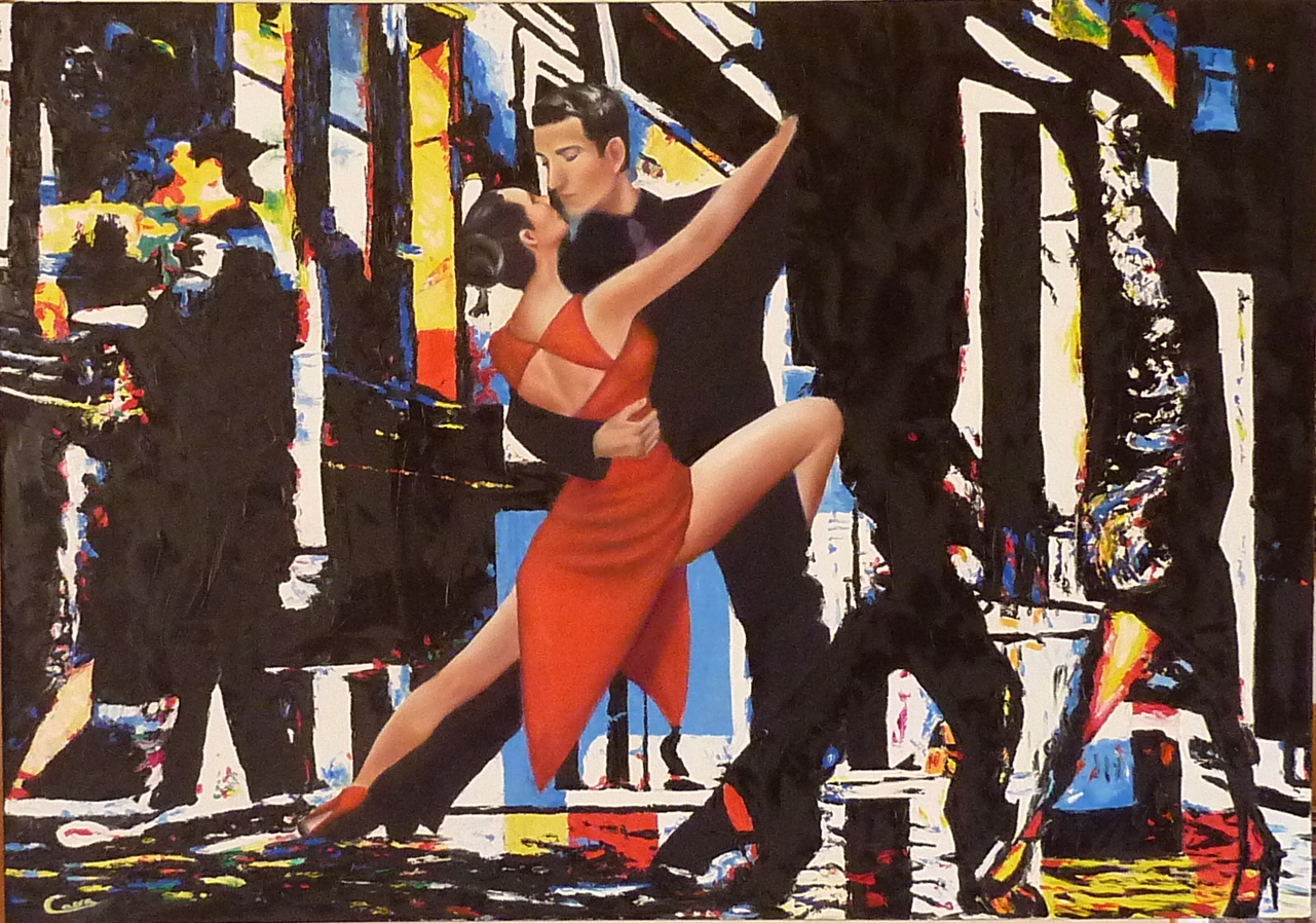 Tango Metropolitano by Assunta Cassa, 2012: a couple dancing tango in an abstract urban setting, surrounded by vibrant colours and bold contrasts.